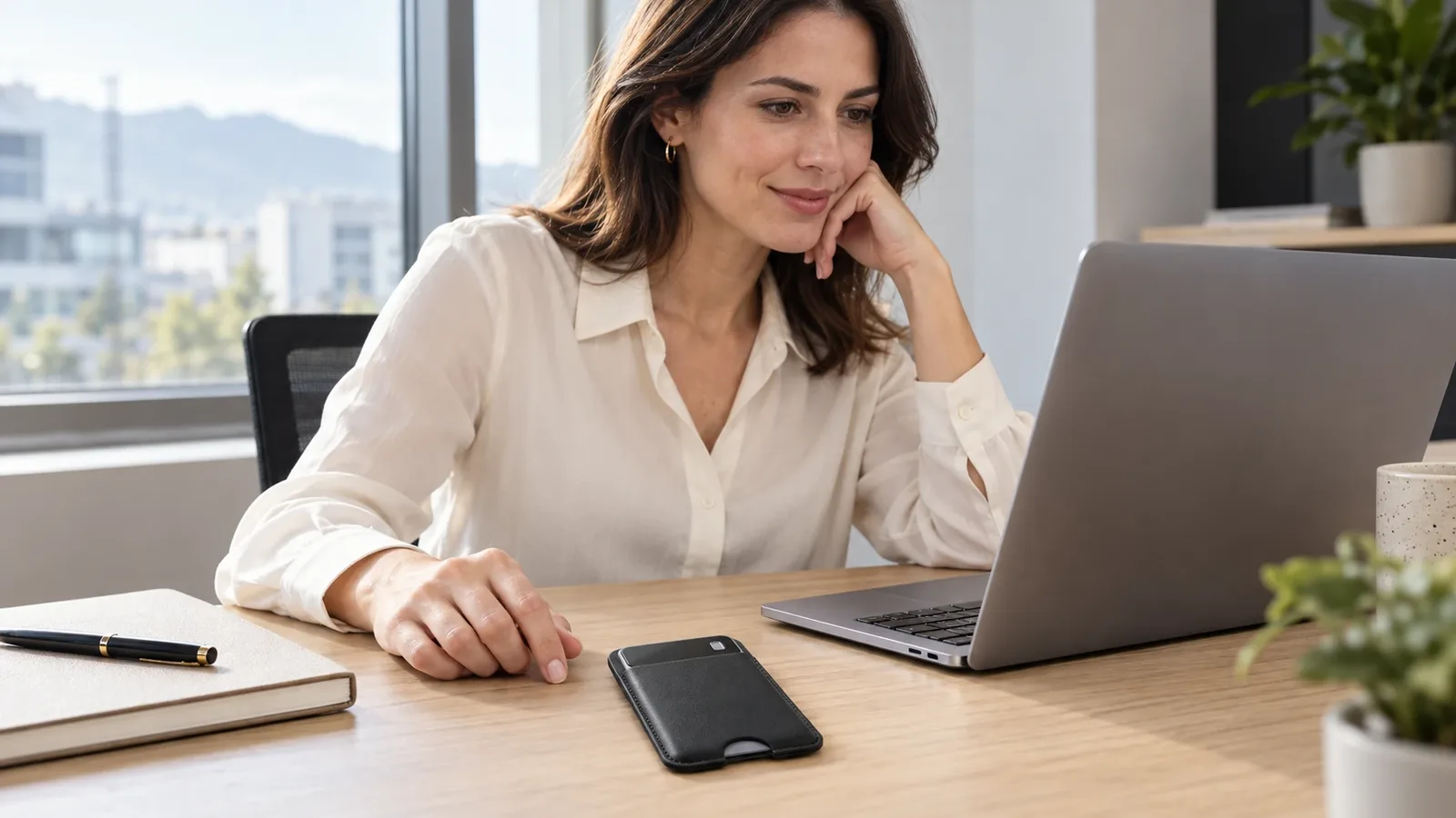 Eine Frau am Laptop, neben ihr der Suisse Notes One im Etui